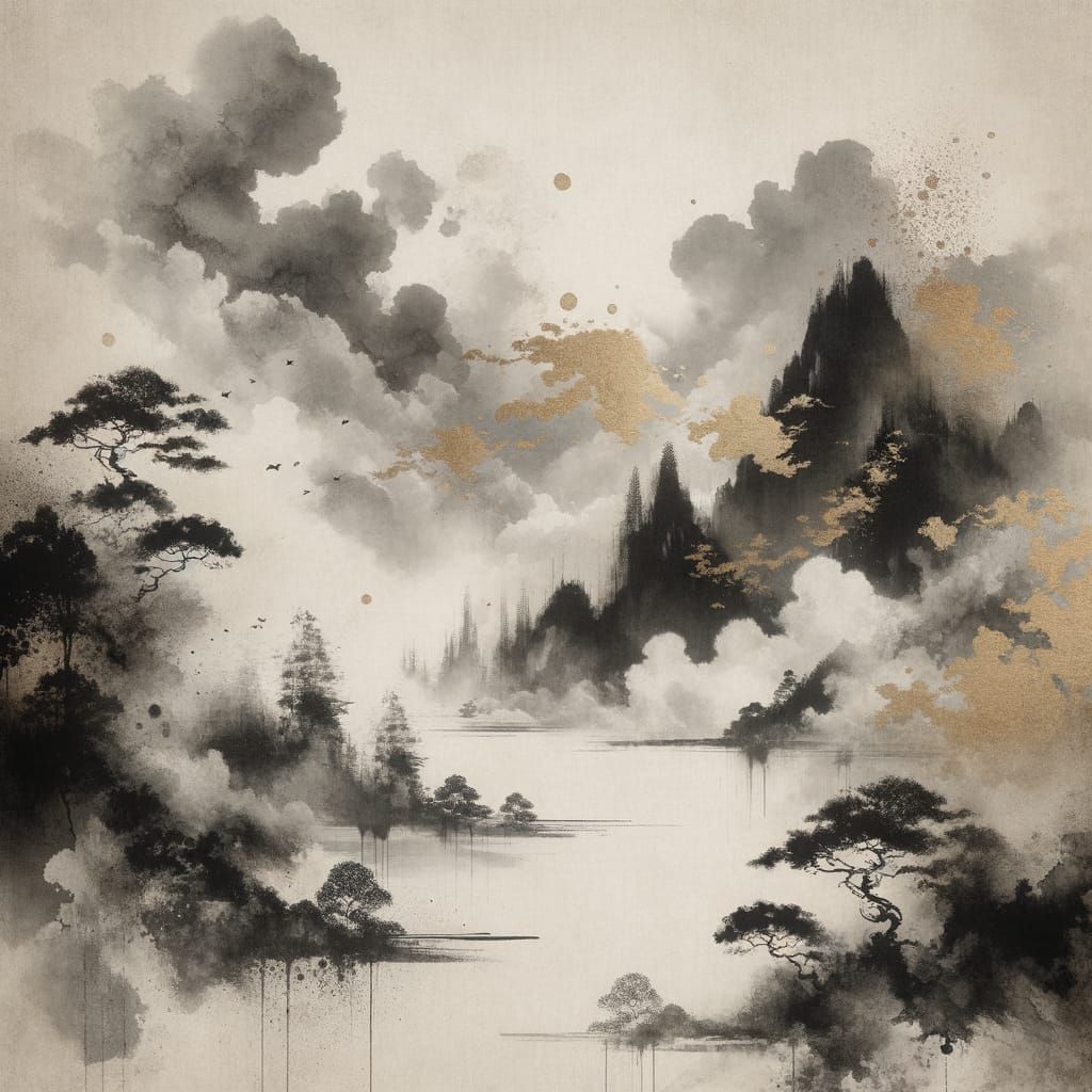 Ethereal Minimalist Art in Ink Wash Technique