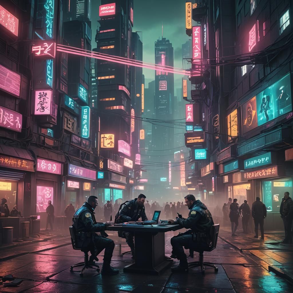 Cyberpunk Cop Interrogates Hacker in Neon City