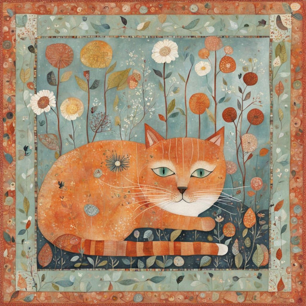 Whimsical Cat Painting in Mixed Artistic Styles