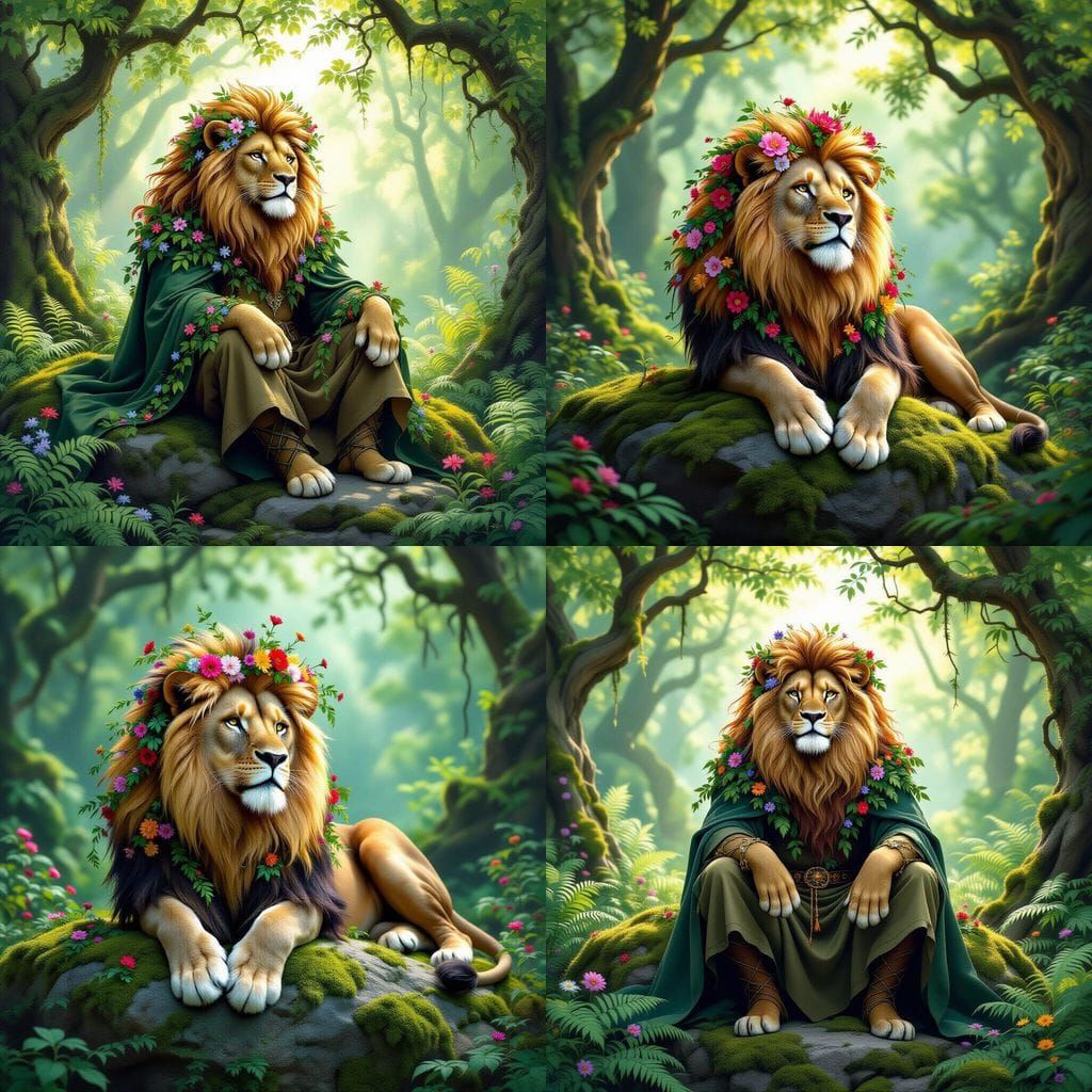 Floral Lion in Enchanted Forest, Fantasy Art