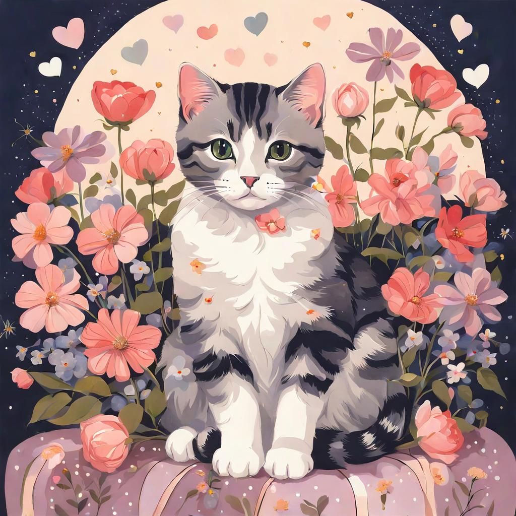 Cat on Pillow with Flowers in Victorian Style