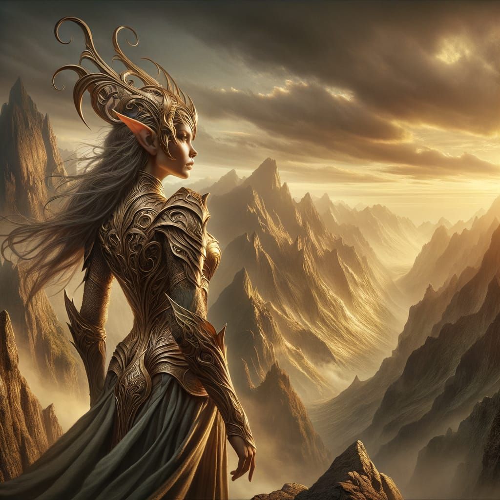 Elven Warrior Woman on Mountain Peak at Sunrise