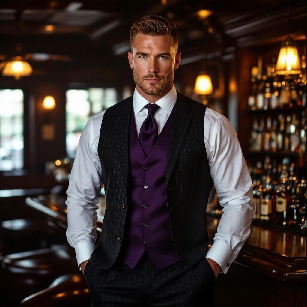 Muscular Man in Dark Pinstriped Suit in Cigar Lounge