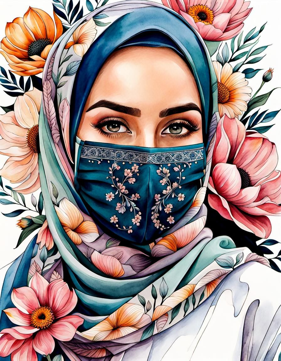 Beautiful Hijabi Woman with Mask in Watercolor Style