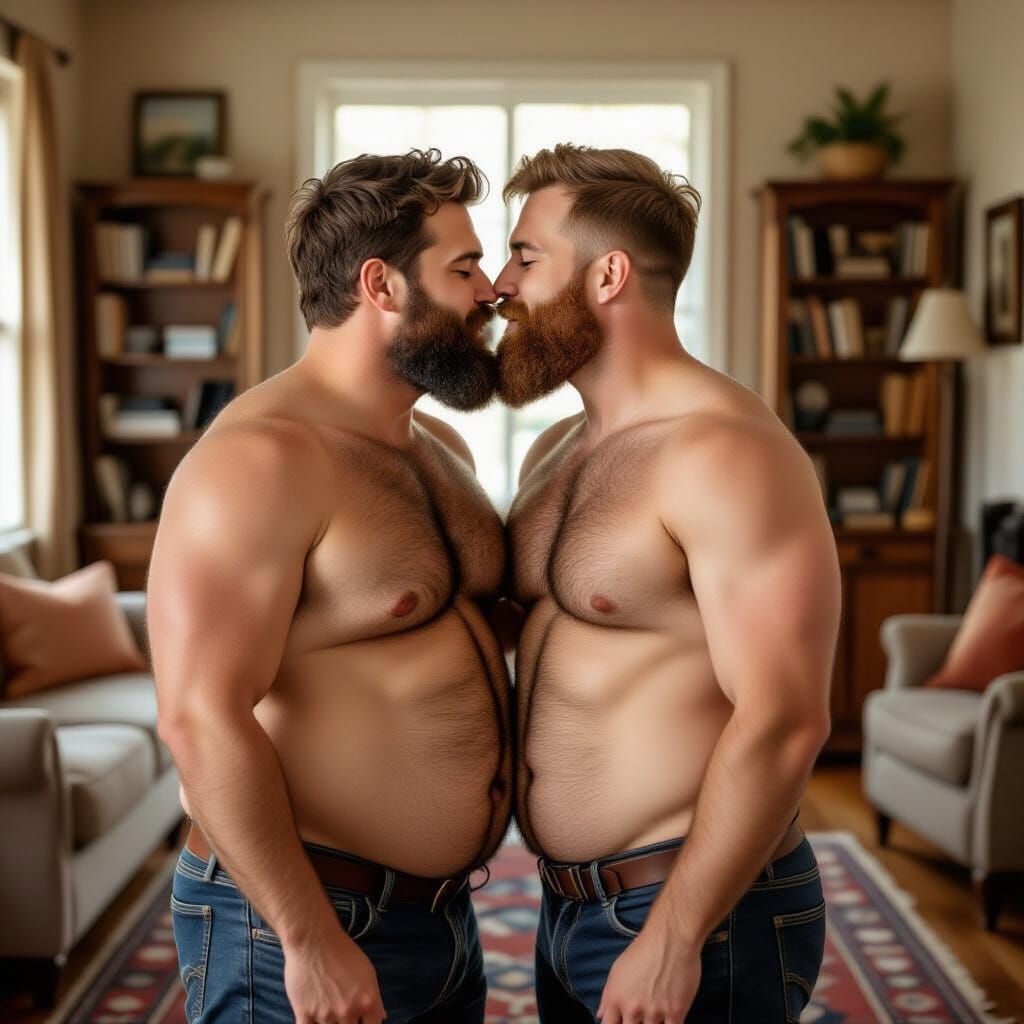 Two Men Kissing in a Cozy Living Room Portrait
