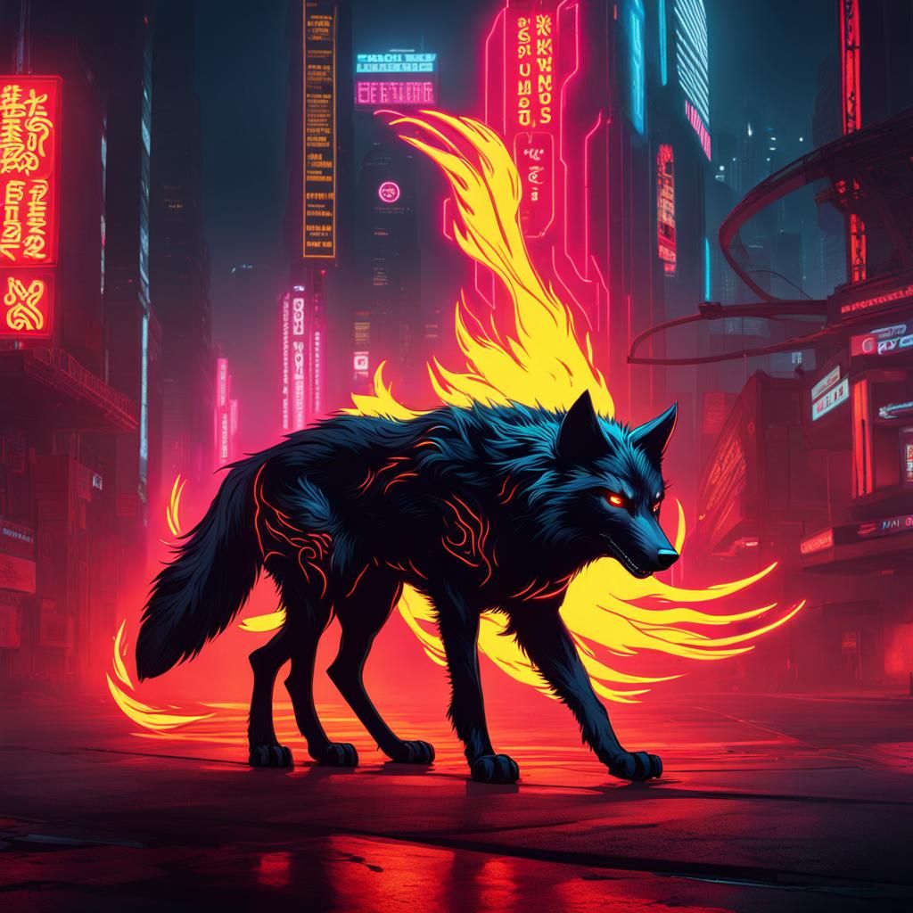 Cyberpunk Wolf with Flaming Eyes and Fur