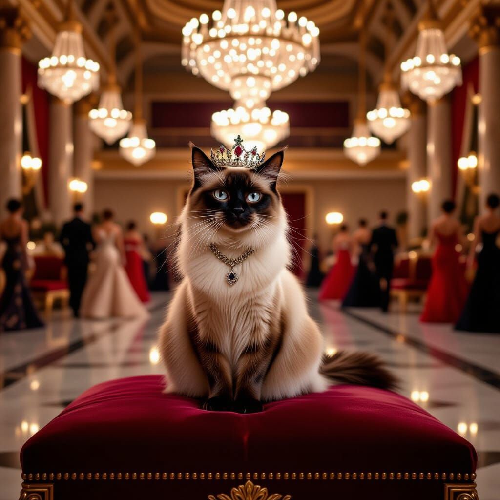Regal Siamese Cat Crowned in Art Deco Ballroom