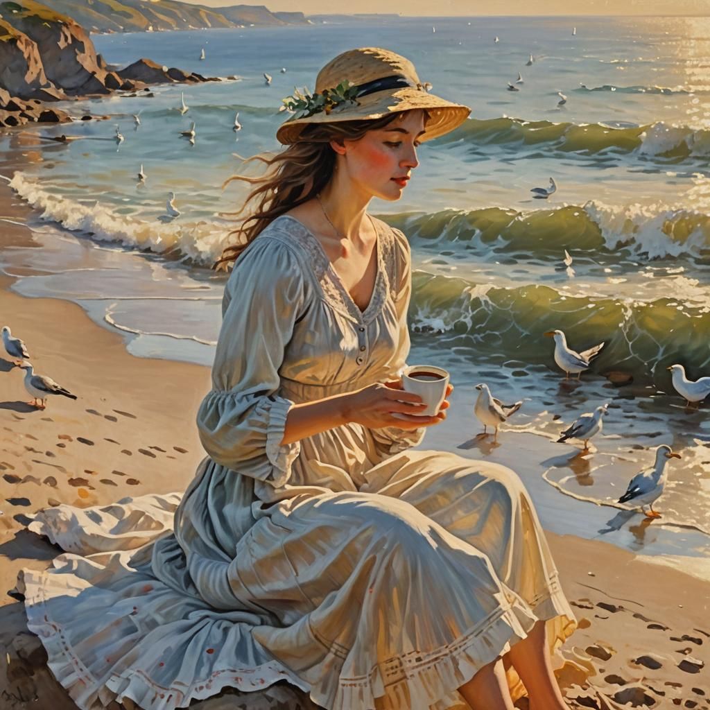 Seaside Coffee: An Impressionist Painting in Warm Light