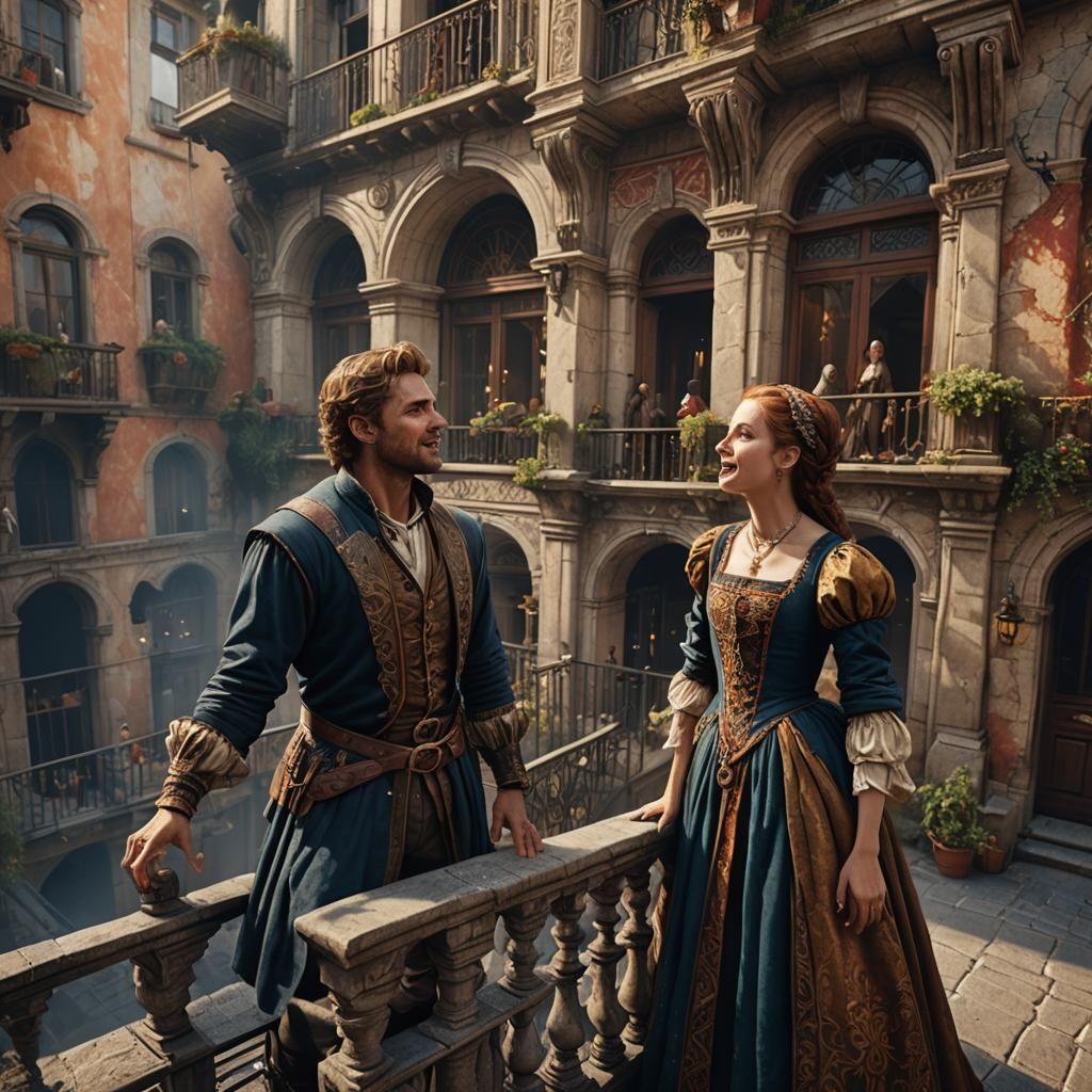 Renaissance Lovers: Balcony Scene in Detailed Digital Art