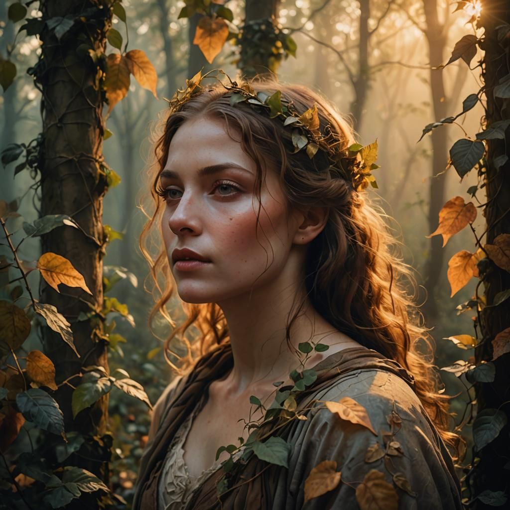 Emotional Woman in Forest, Renaissance Style
