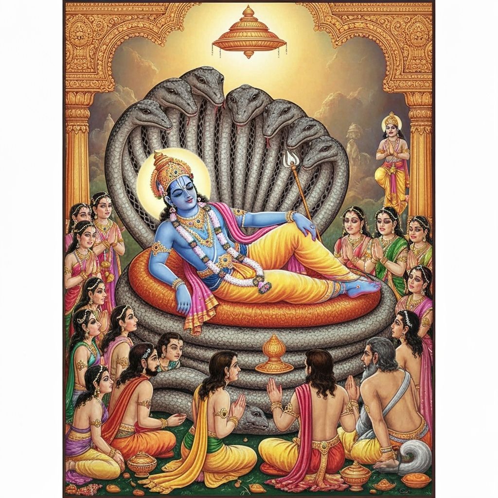 Lord Vishnu Reclining on Shesha in Vaikuntha