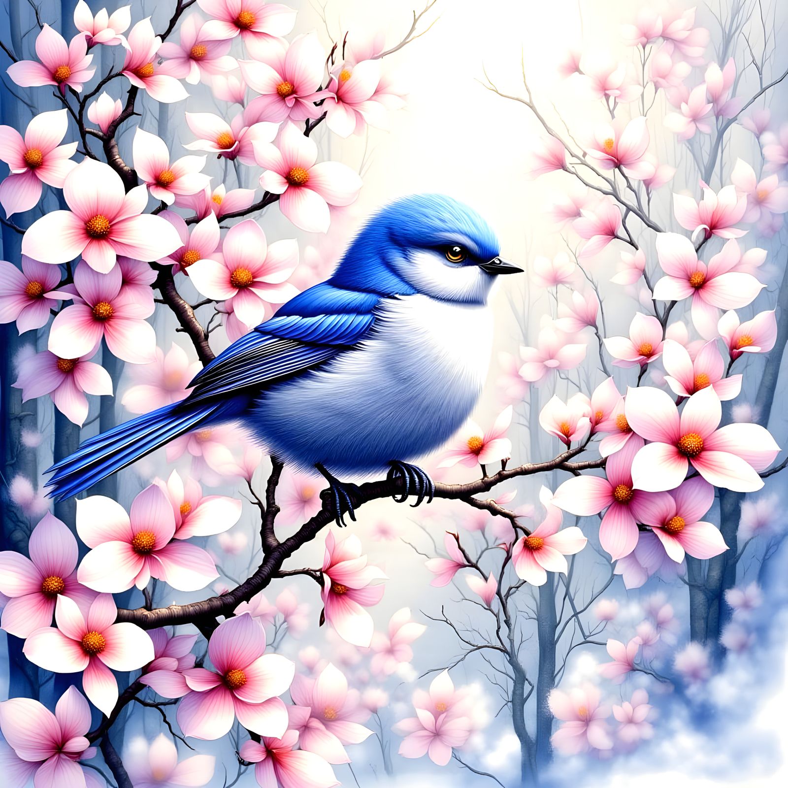 <lora:pabhari-flux:1.0> <lora:PinkSnowWatercol1-Fb:1.0> Beautiful fantasy bird by Brian Fround, ethereal, shimmery, glim...