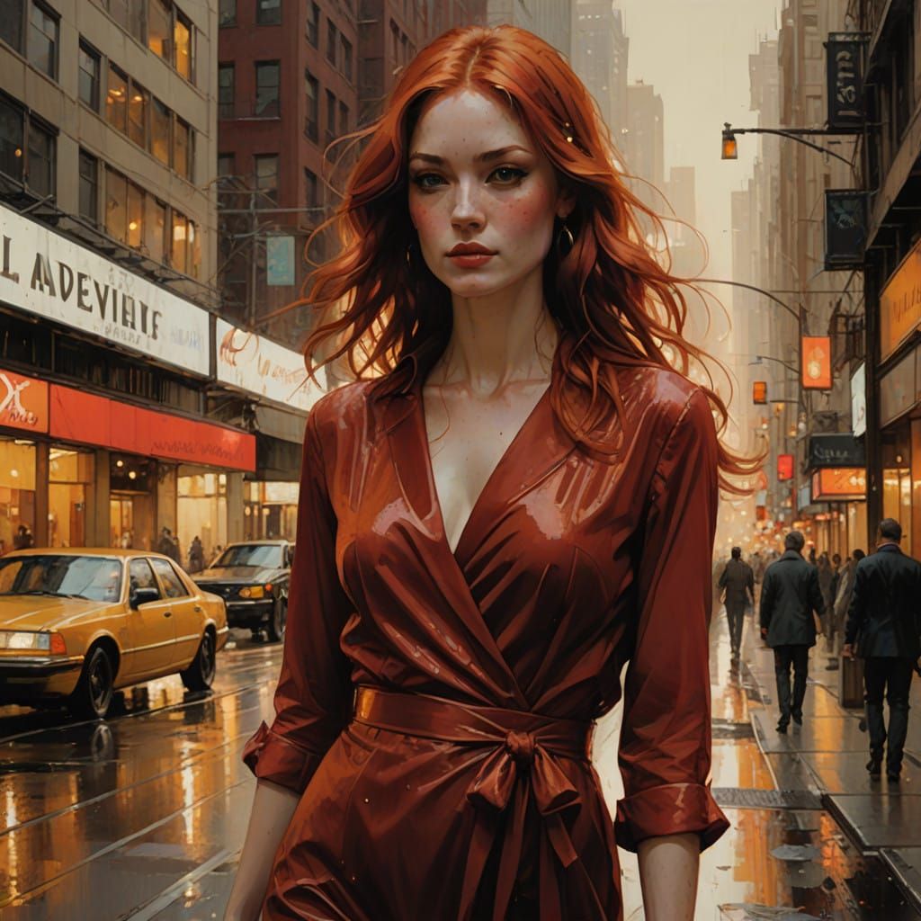 Stunning Hyperrealistic Redheaded Woman in Crimson Dress