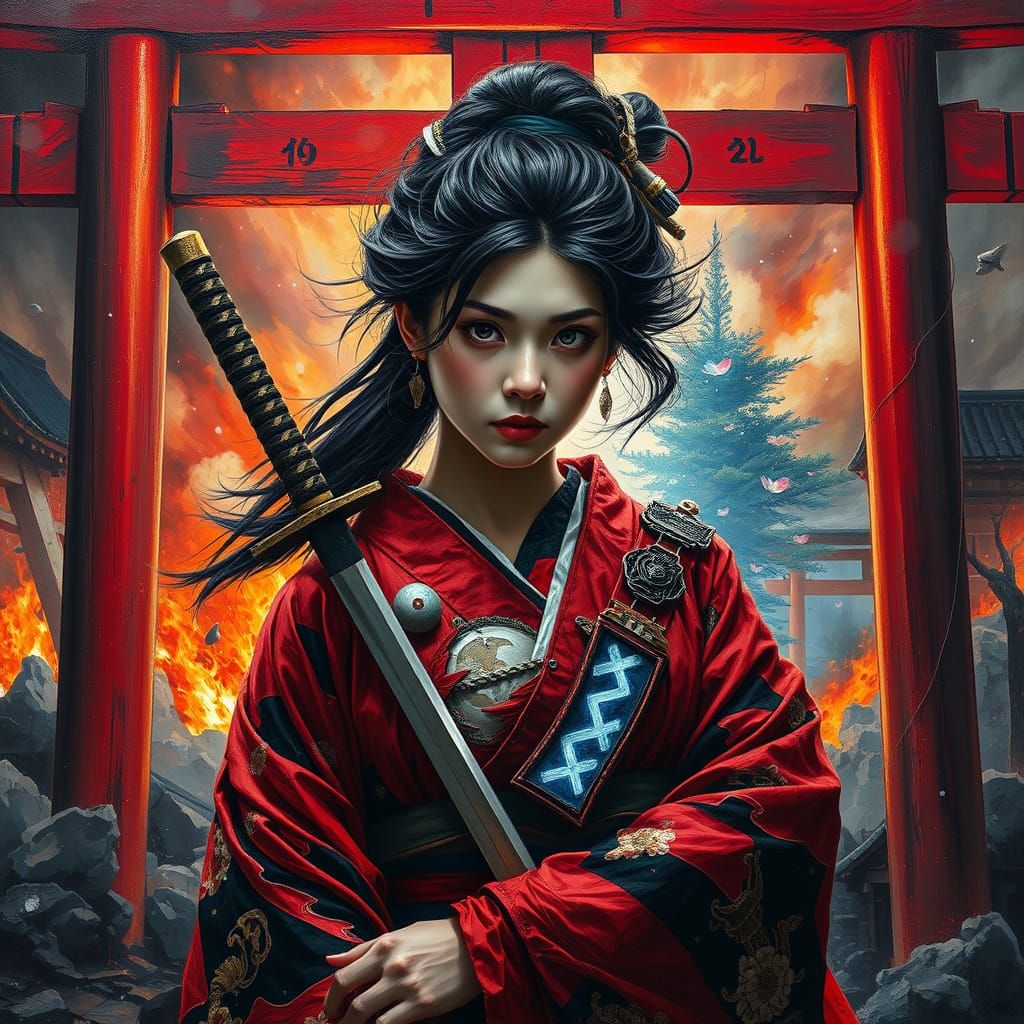 Defiant Geisha Warrior Before Burning City and Spirit Realm