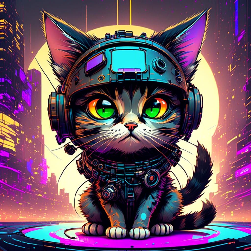 Chibi Cyberpunk Cat: Adorable Vector Art