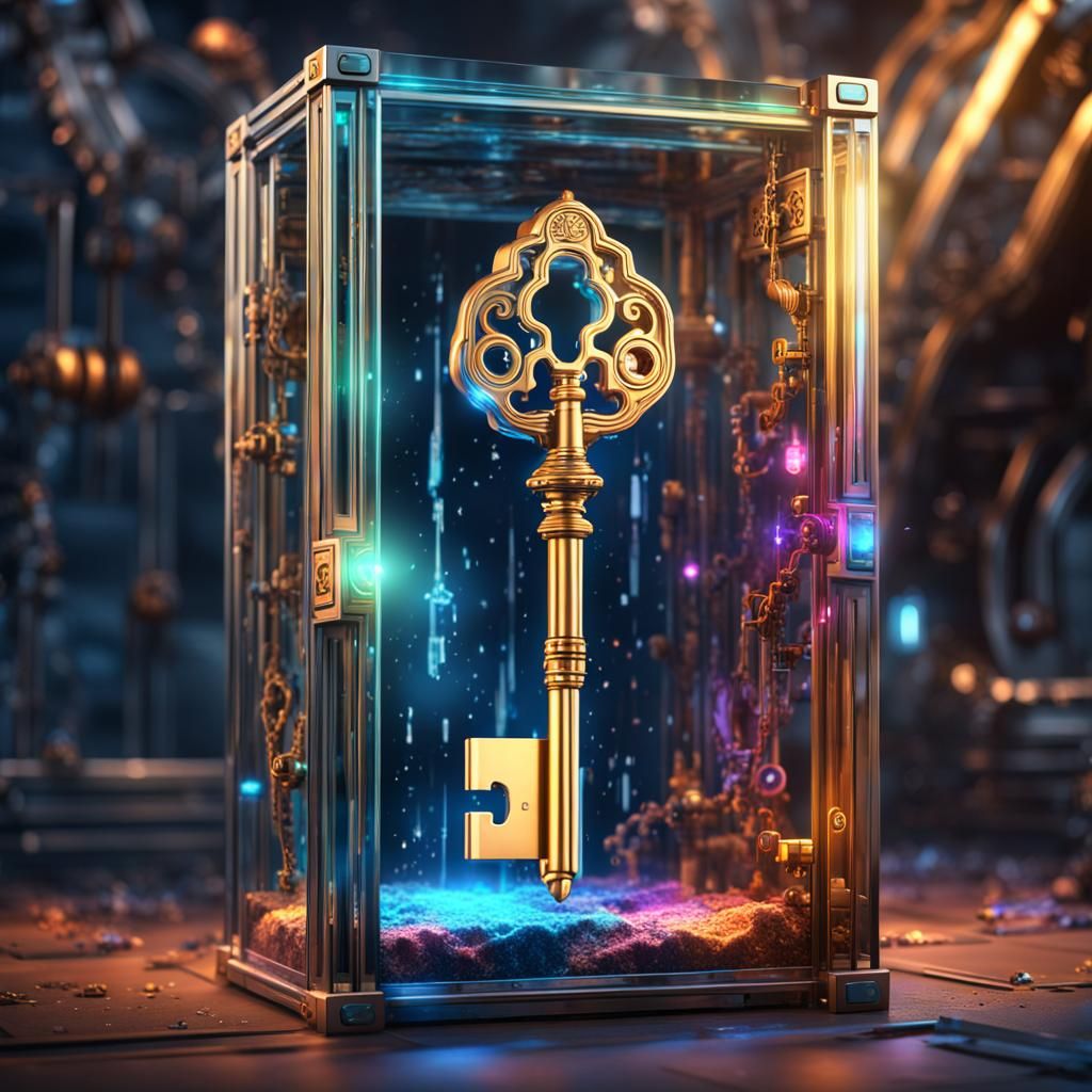 Cosmic Metallic Key in Glass Case, Sci-Fi Art
