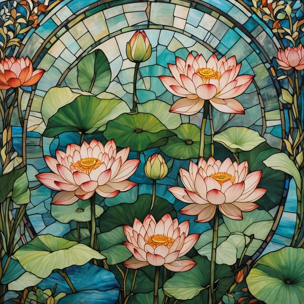 Stained Glass Lotus in Sectional Oil Painting