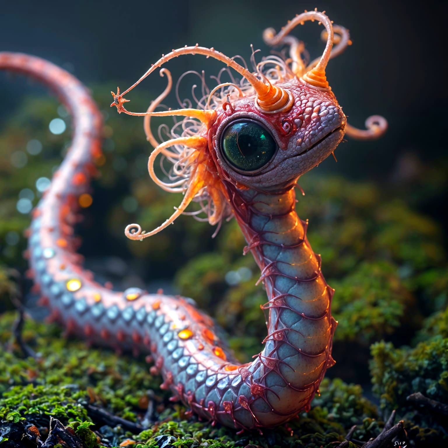 Vibrant Snake Creature Emerges in Dewy Forest