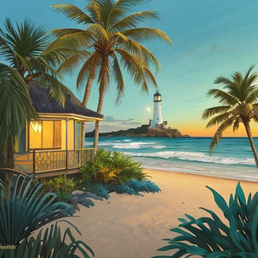 Moonlit Lighthouse with Palm Trees in Impressionist Style