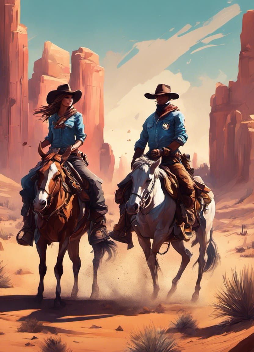 cowboys and cowgirls on thrilling desert adventures, deep color, fantastical, intricate detail, splash screen, complemen...