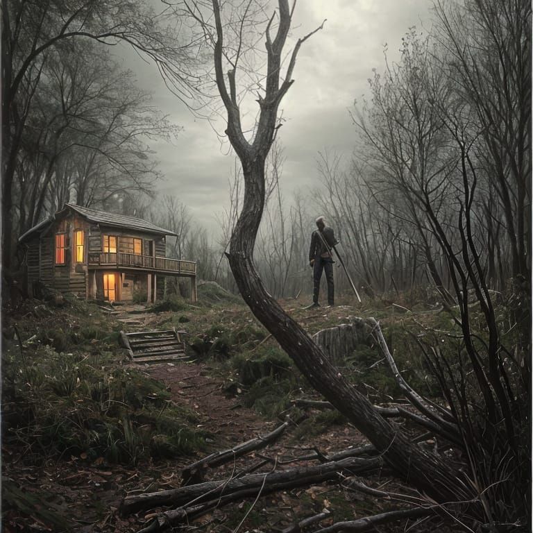 Man Holding Scythe in Front of Rustic Cabin at Twilight