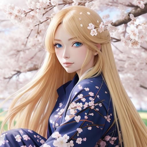 Blond Girl in Cherry Blossom Tree, Anime Style