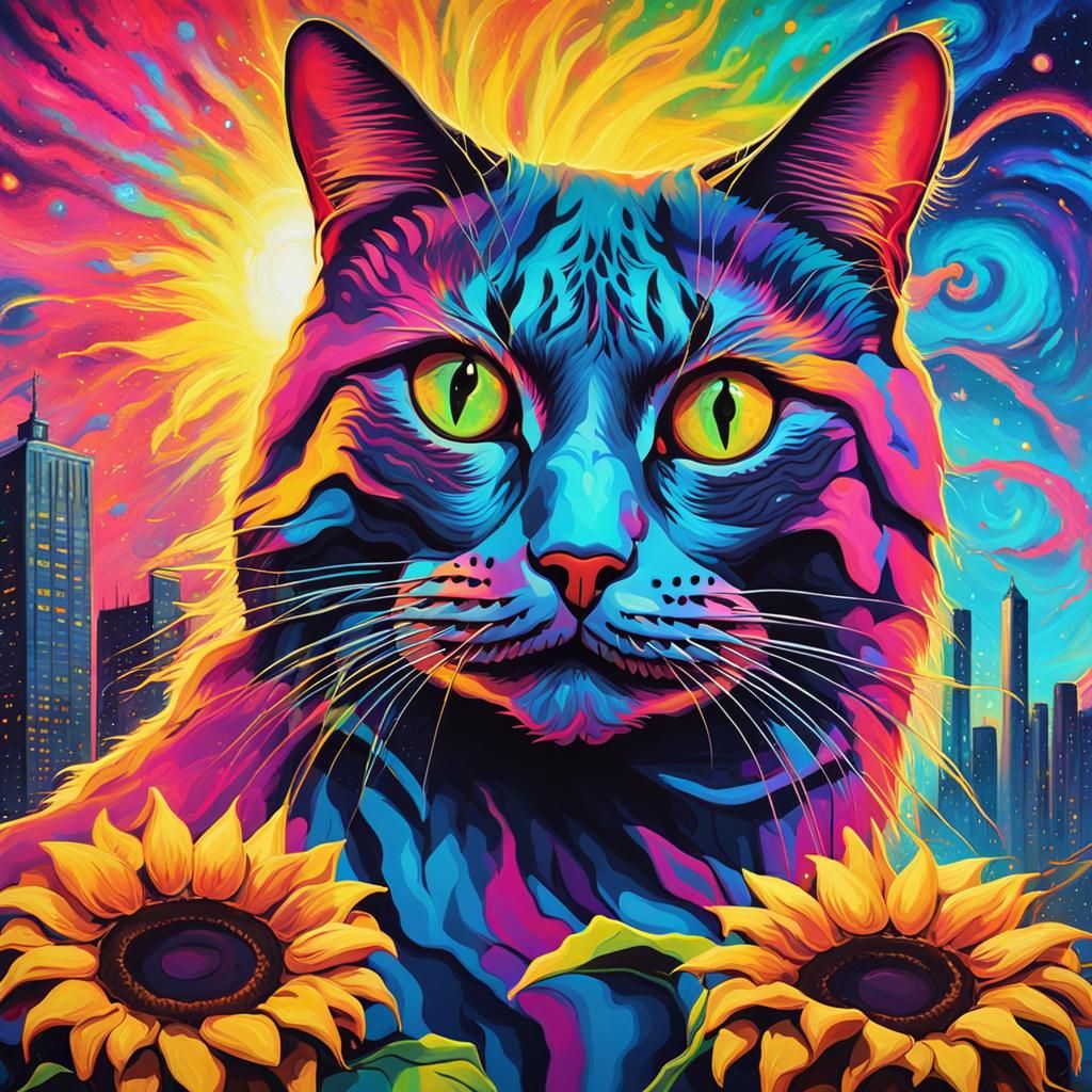 Surreal Cyberpunk Cat in a Rainbow Candyland