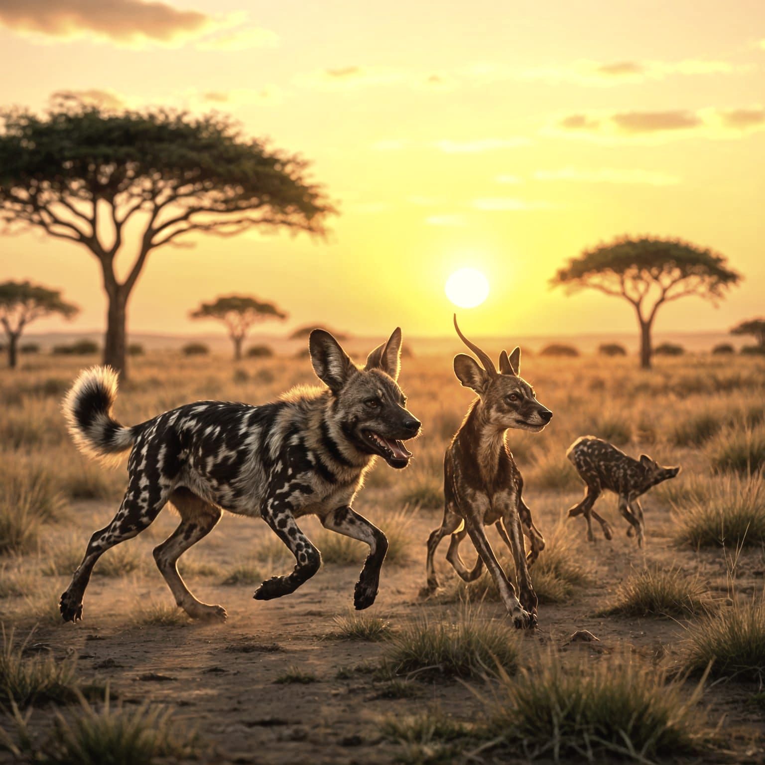 African Wild Dog Chases Impala Across Savannah at Dusk