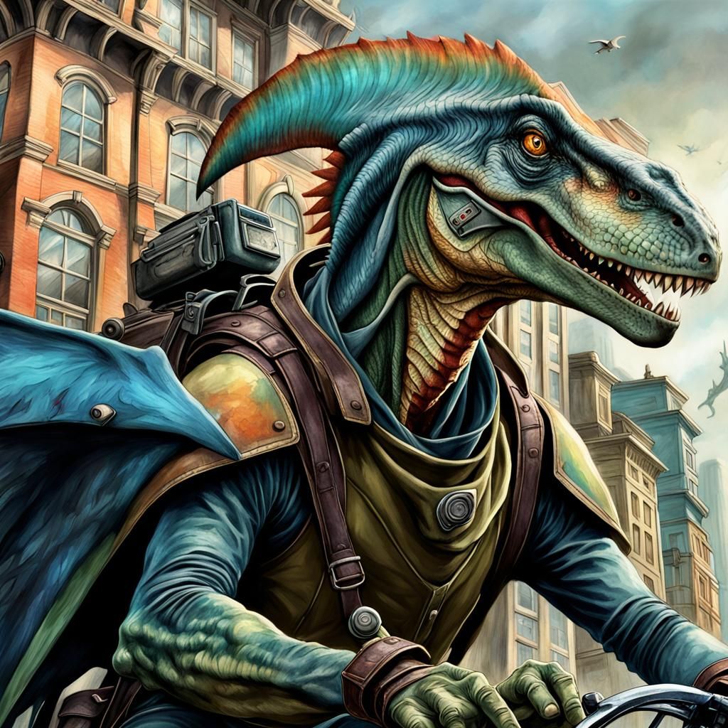 Dinosaur Rider Portrait in Dystopian City, Digital Art