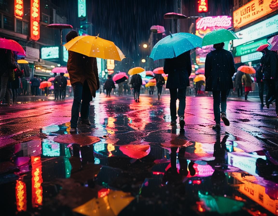 A bustling city street at night, with neon signs reflecting in puddles and a sea of colorful umbrellas shielding pedestr...