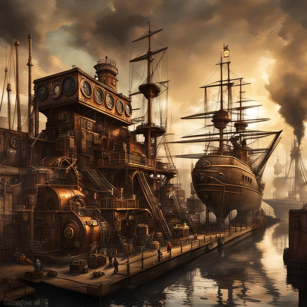 Steampunk Dockyard Scene: Retro-Futuristic Illustration