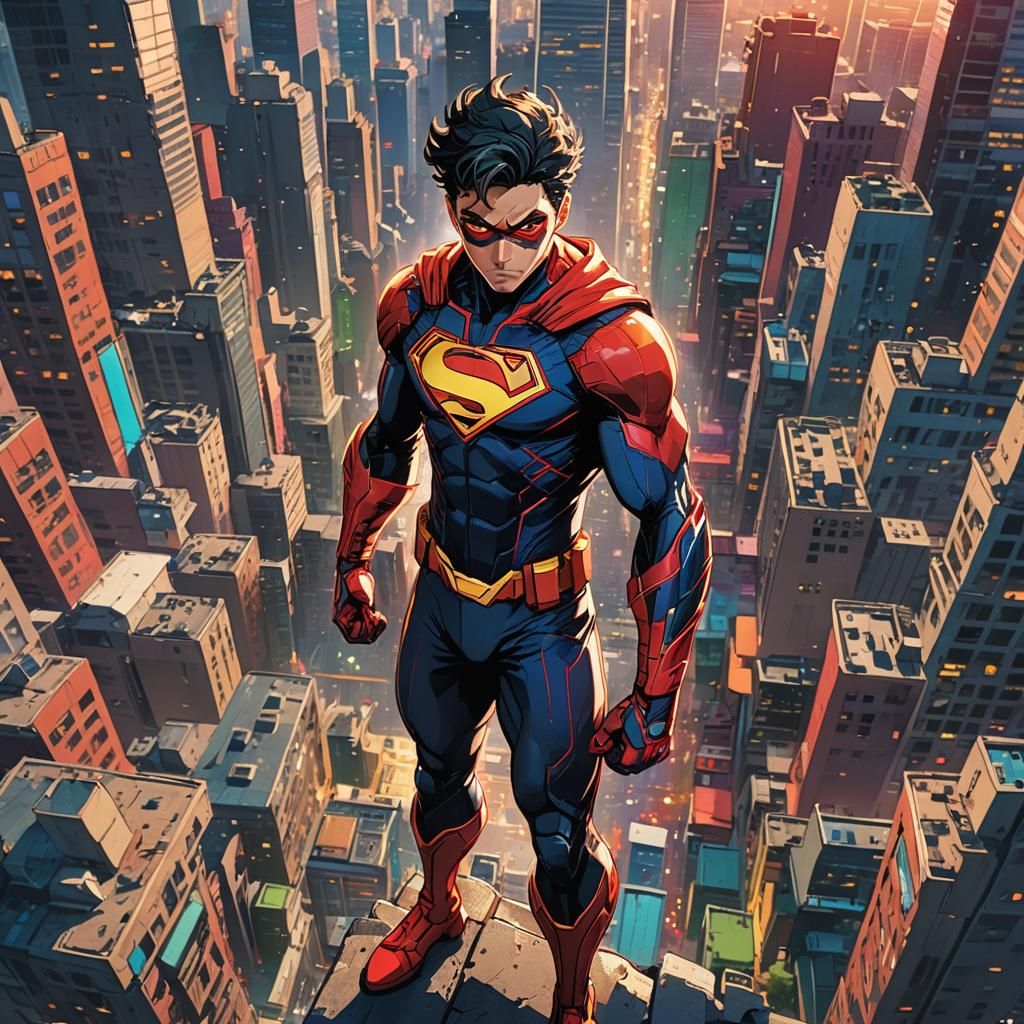 Dynamic Anime Superhero in Metropolis, Manga Style