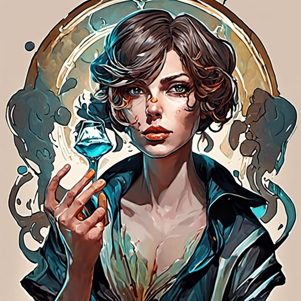 Detailed Portrait with Cigarette in Art Nouveau Style
