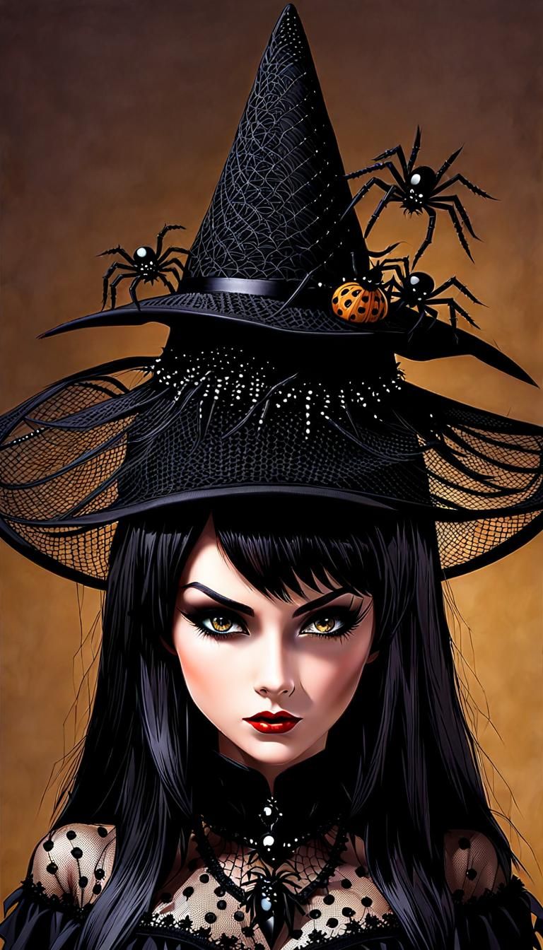 Witch spiky hat, black elaborately decorated. Black netting and tiny black spiders.