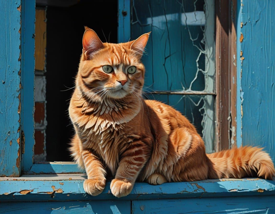 Cubist Ginger Cat on Weathered Blue Window Sill