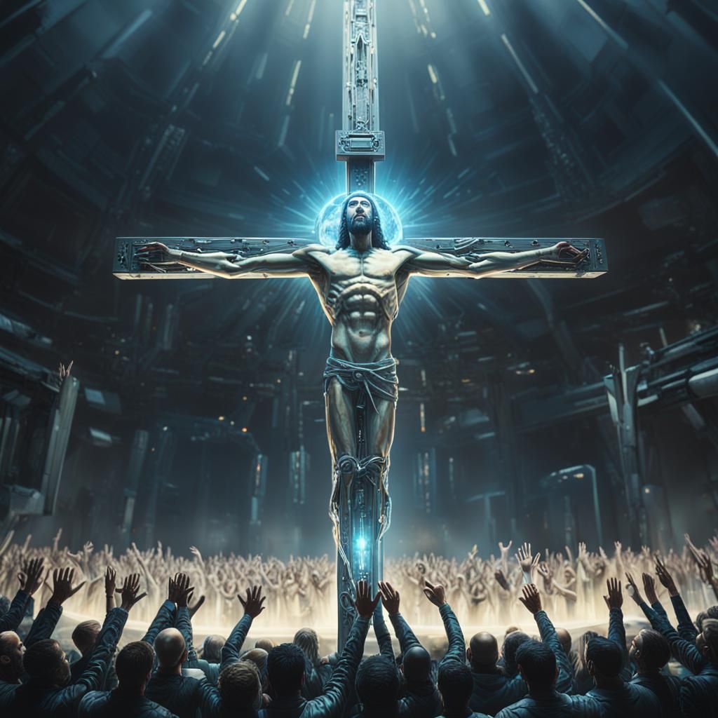 Cyber Christ in Techno Cathedral: Impressionist Oil Painting