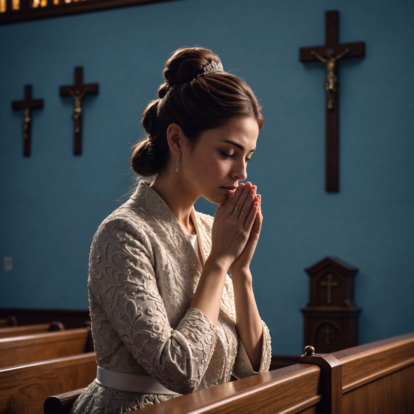 A Lady in Devout Prayer within a Dramatic Church Setting