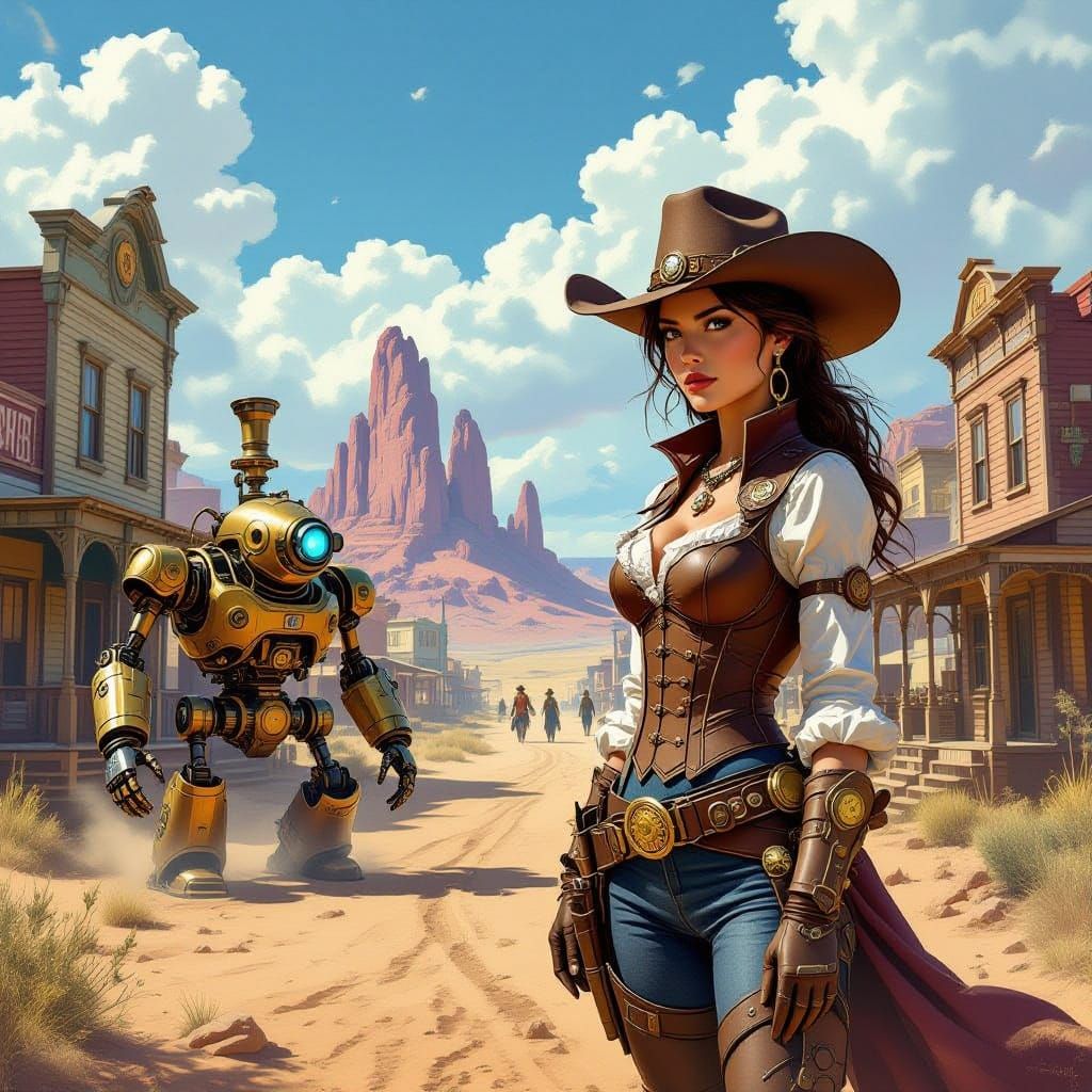 Steampunk Cowgirl Sheriff Faces Rogue Automaton