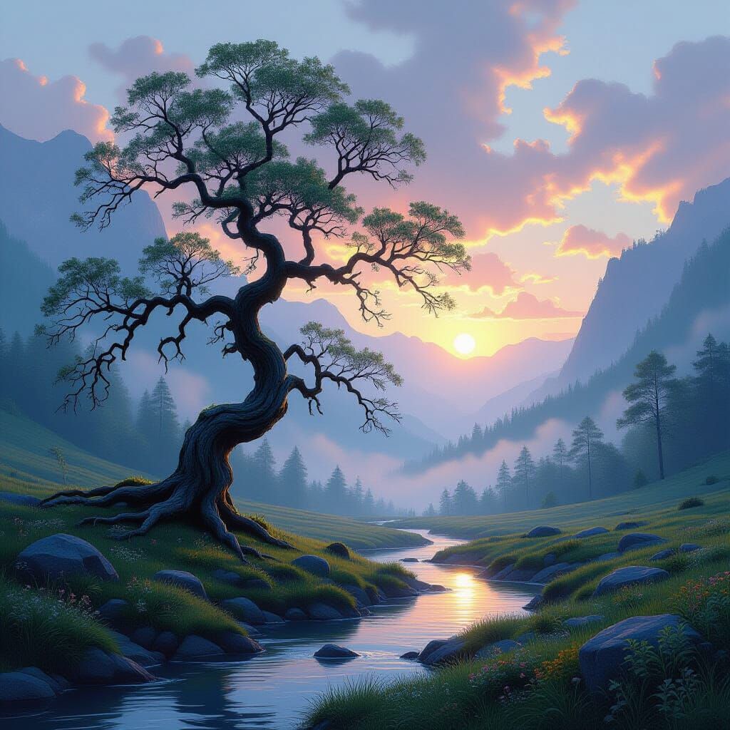 Ancient Tree in Misty Valley at Dawn
