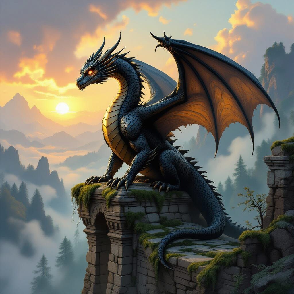 Majestic Dragon on Ruin Overlooking Misty Forest