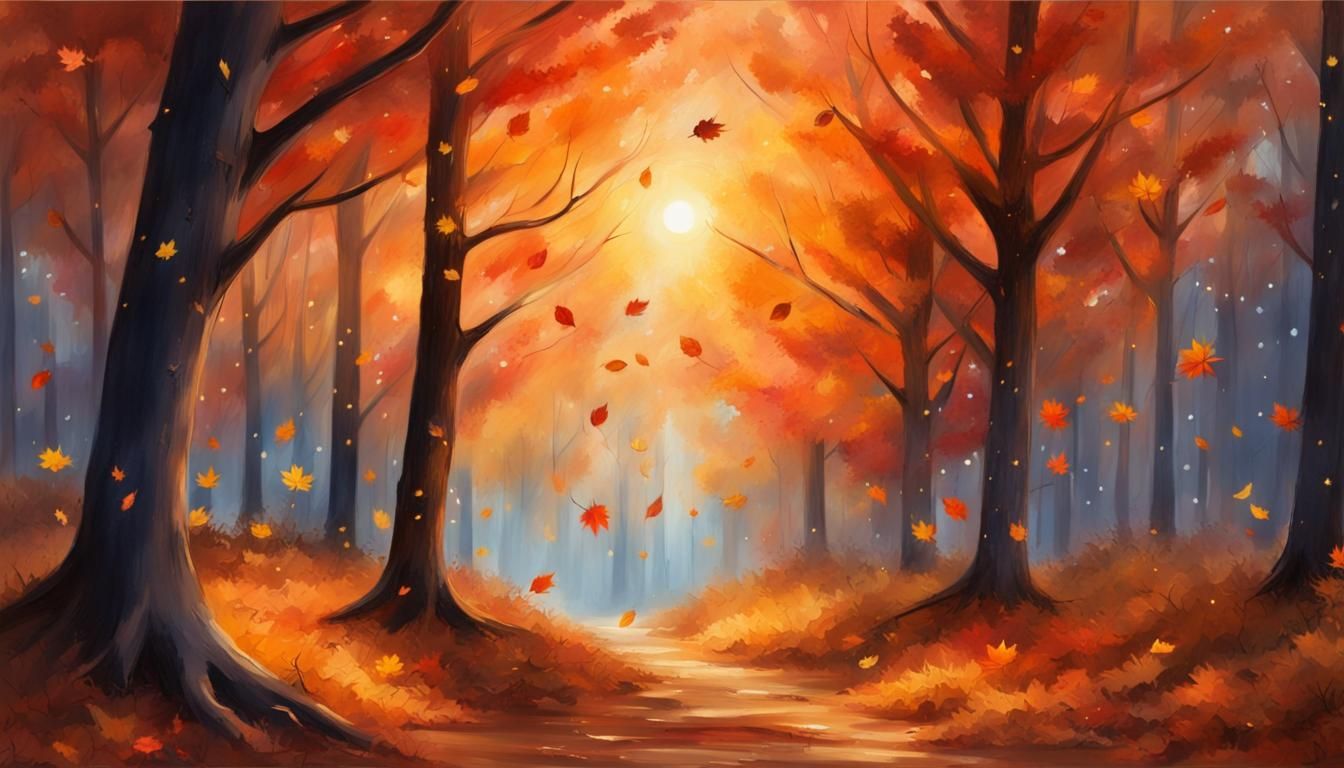 Autumn Forest Painting with Falling Leaves and Starry Sky