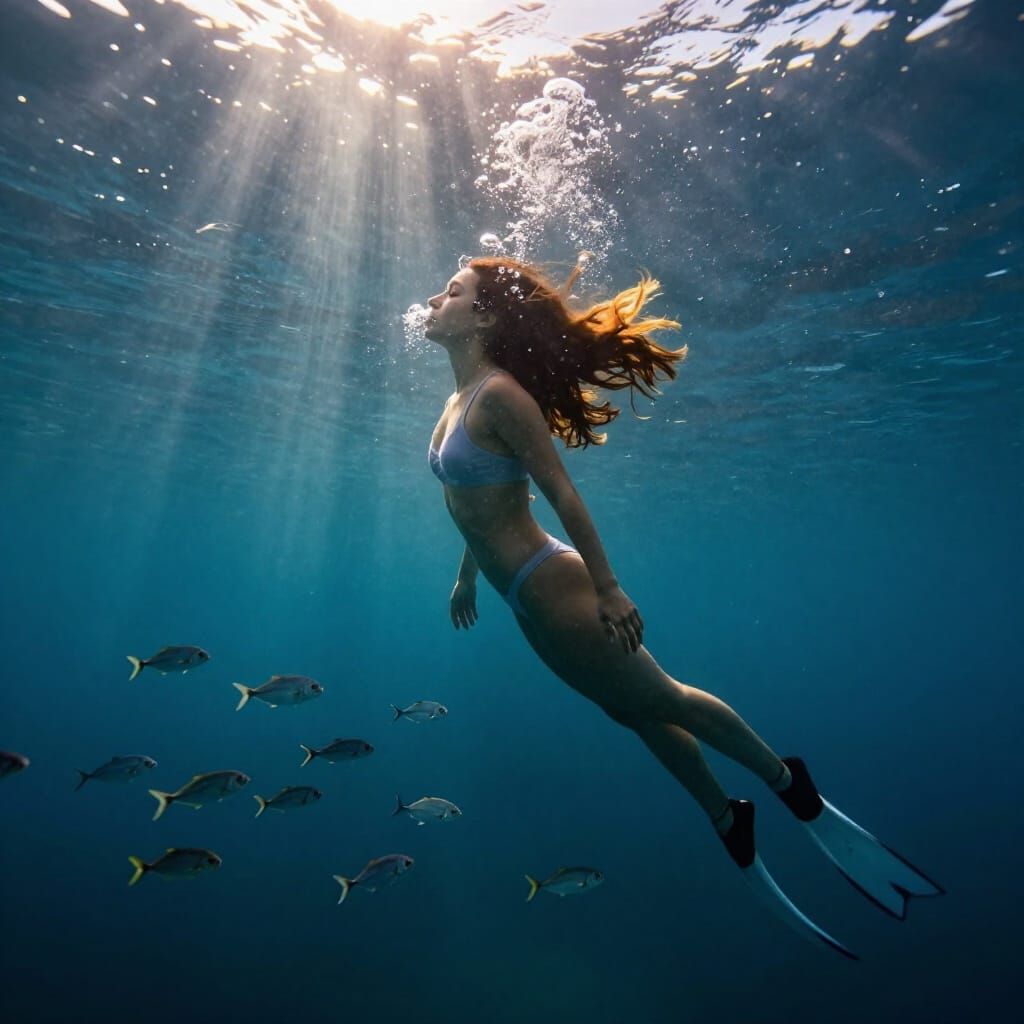 Freediver Ascends to Sunlit Surface in Crystal Waters