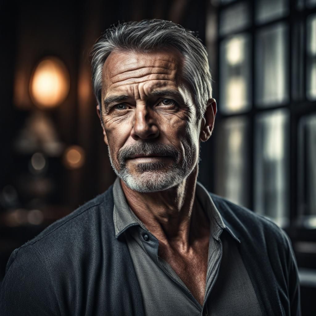 Hyperrealistic Portrait of a Handsome 54-Year-Old Man