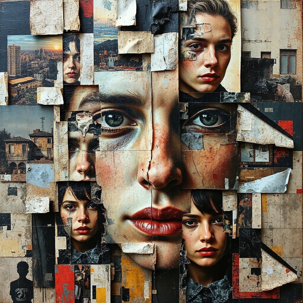 Chaotic Collage of Faces and Urban Landscapes in Mosaic Styl...