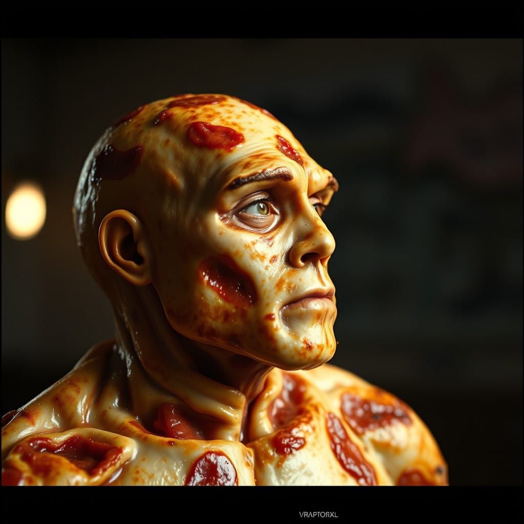 Pizza Figure in Cinematic Grandeur, Shot on 35mm Film