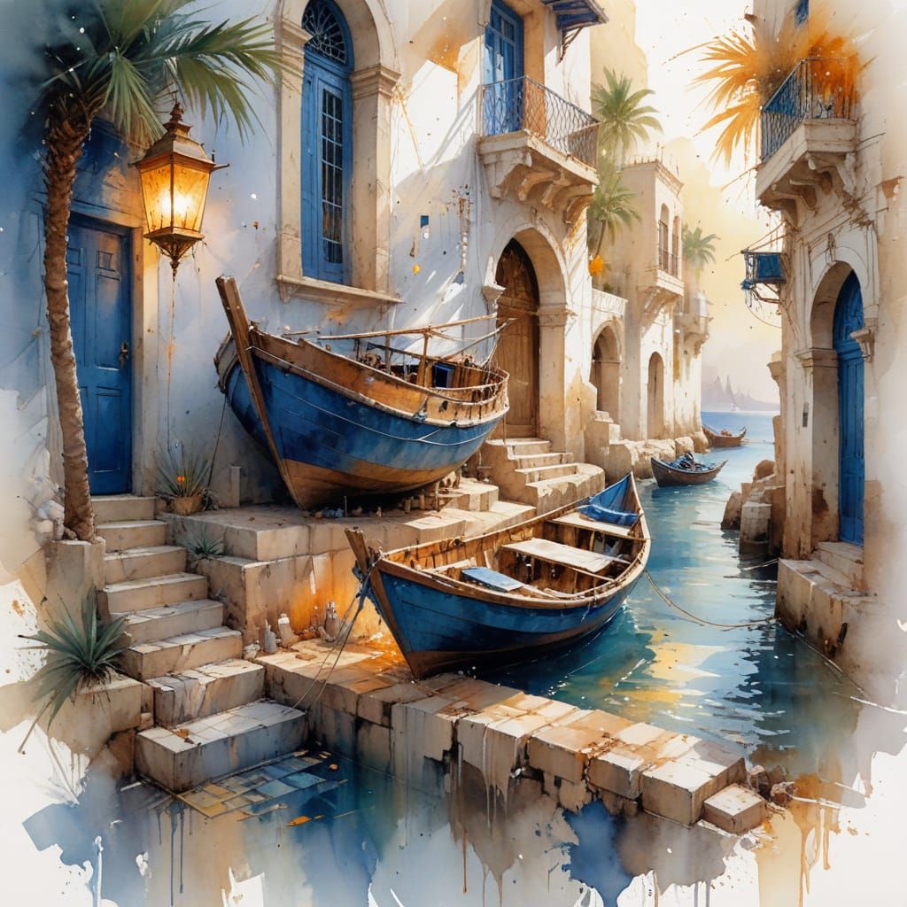 Coastal Medina Rooftops at Twilight in Oil Pastel