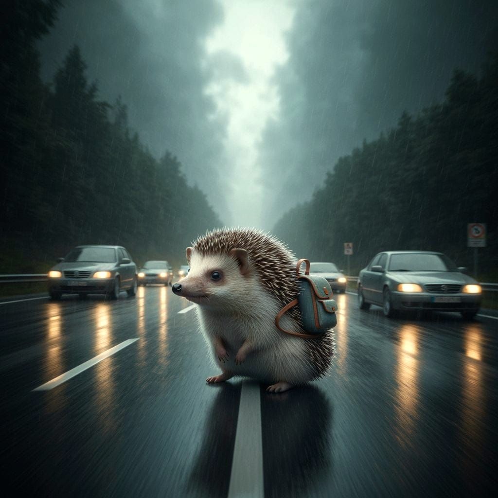 Hedgehog Faces Speeding Cars on Highway