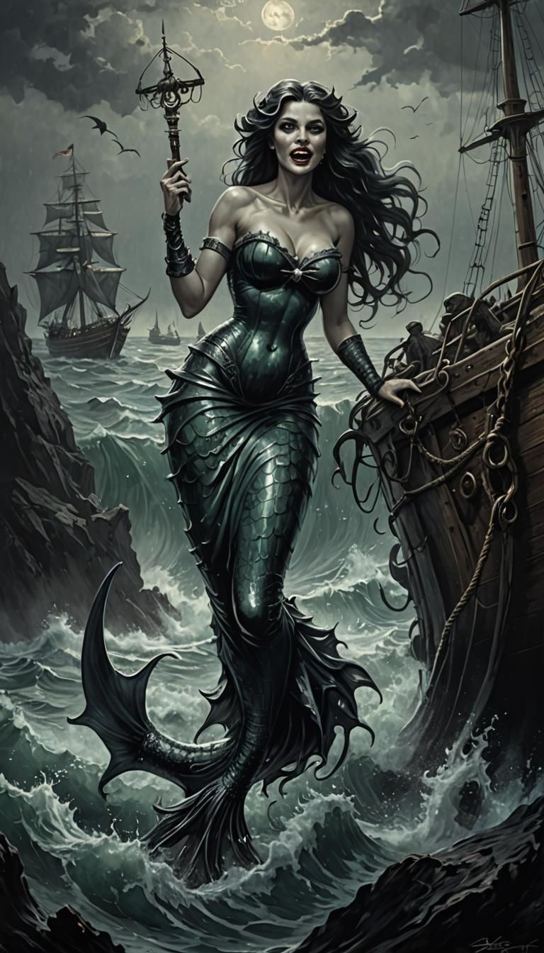 Evil Mermaid Luring Seaman: Dark Pinup Horror