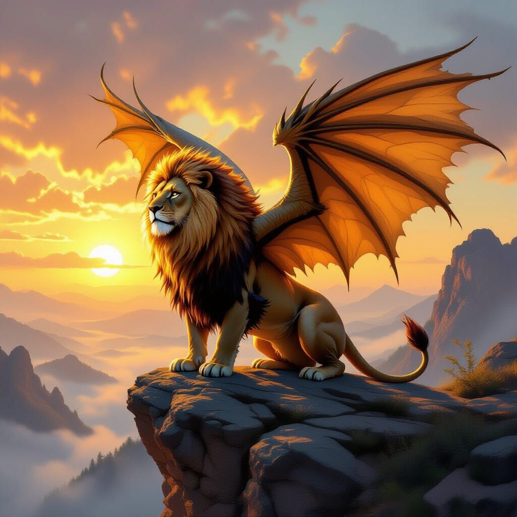Majestic Lion With Dragon Wings At Dawn