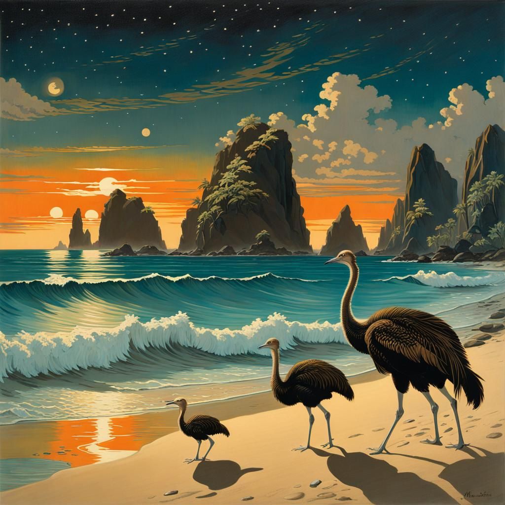 Starlit Beach with Ostrich-Dragons: A Fantasy Panorama